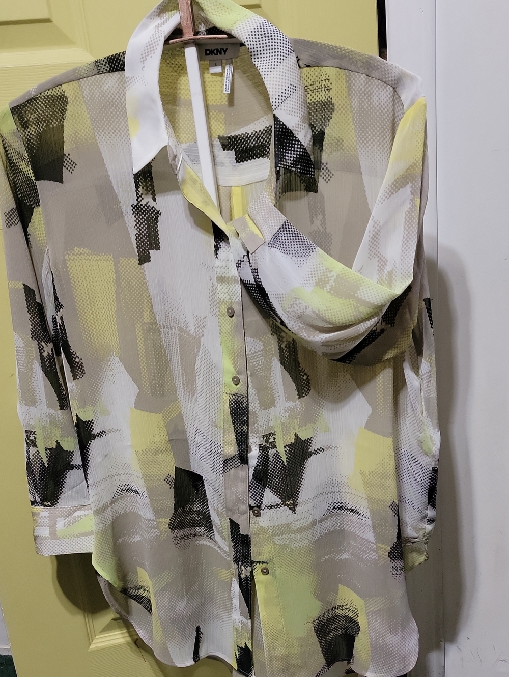 DKNY White, Yellow & Black Abstract Brushstroke Sheer Button-Up Blouse